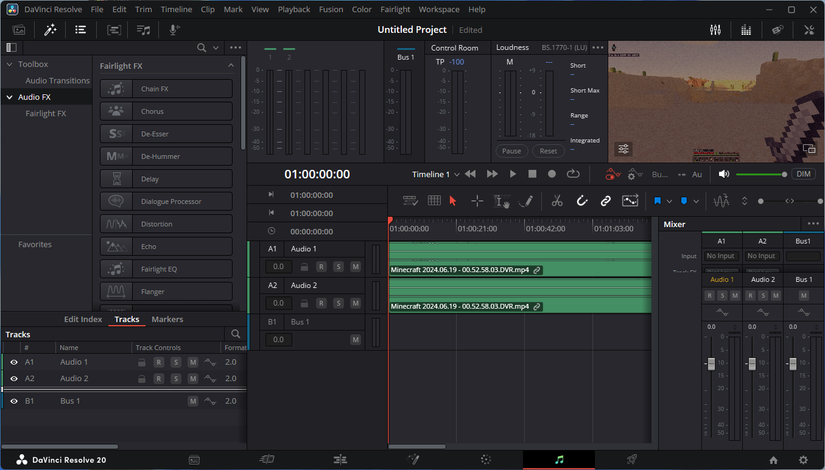 O editor de áudio do DaVinci Resolve.