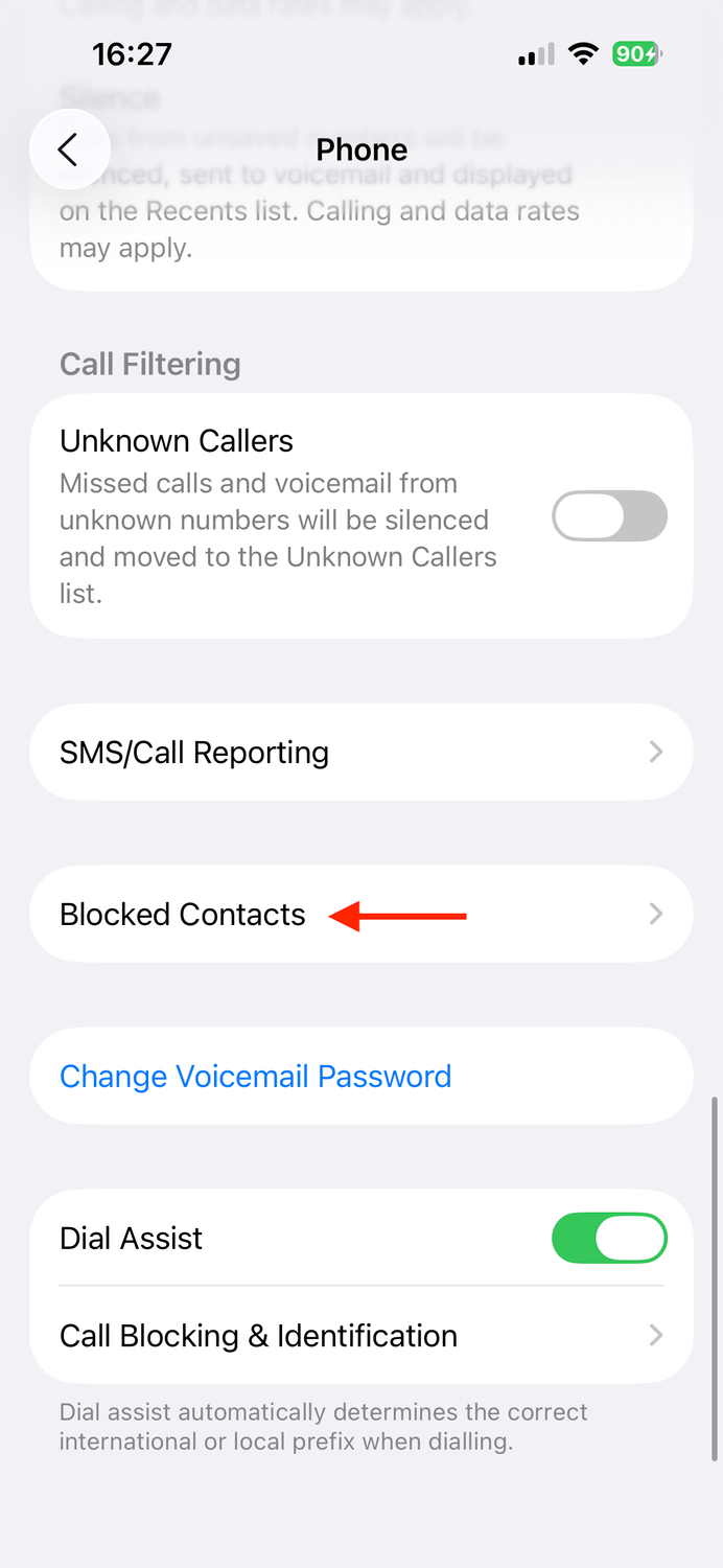 iPhone 16 settings blocked contacts list screenshot