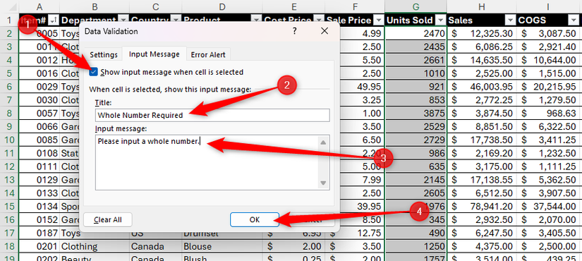 A caixa de seleção na guia Mensagem de entrada da caixa de diálogo Validação de dados do Excel está marcada e um título e uma mensagem de entrada são digitados nos campos.