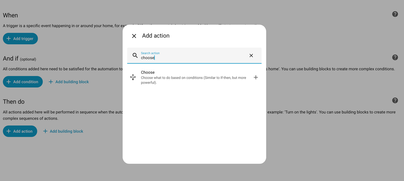 The Choose action in the automation editor in Home Assistant.