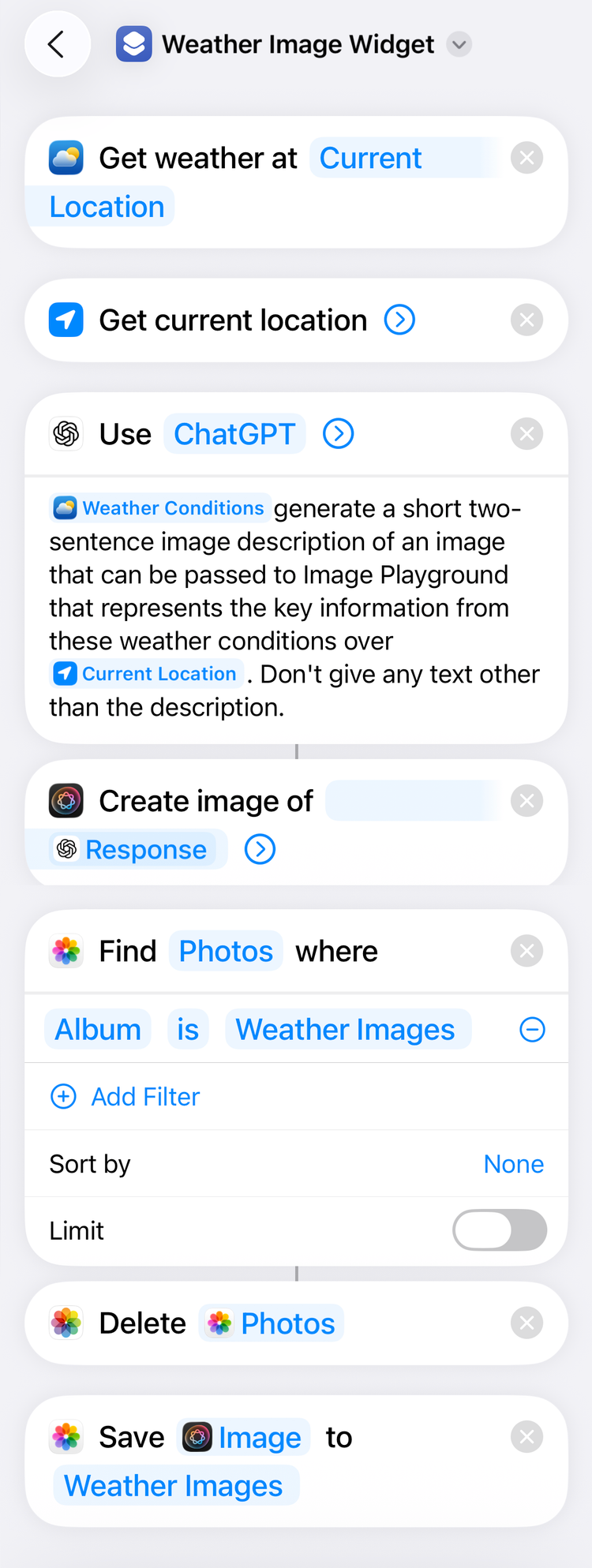 The complete weather image drawer in the application of shortcuts on iPhone.