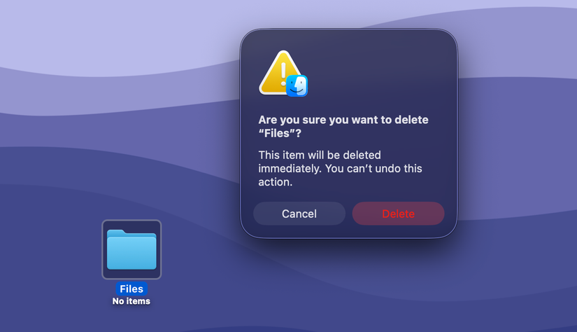 The confirmation box shown when bypassing the Trash in macOS.