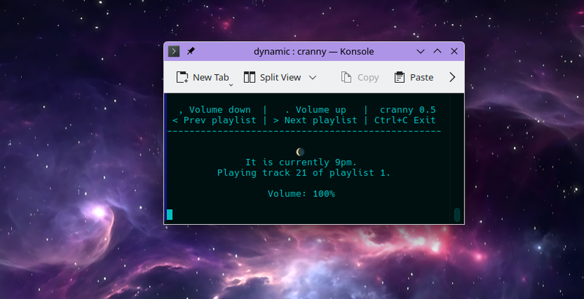 The cranny application playing music in a terminal.