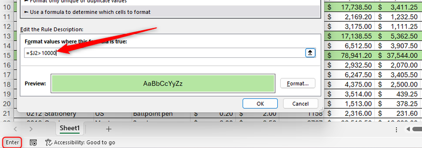 El cursor se coloca en un campo de texto en un cuadro de diálogo de Excel y se activa el modo Intro.
