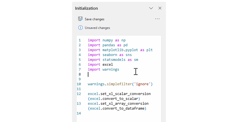 O cursor é colocado dentro do código no painel Inicialização do Excel, demonstrando a capacidade de editá-lo.
