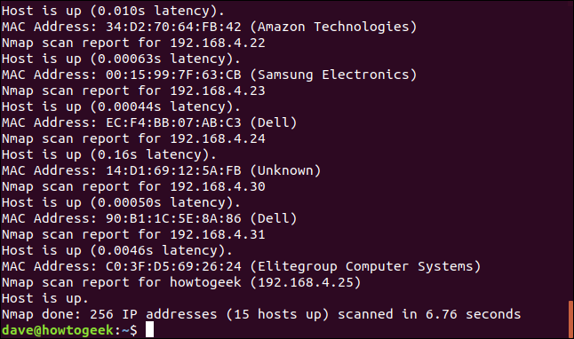 O final de uma lista de resultados da verificação do nmap.