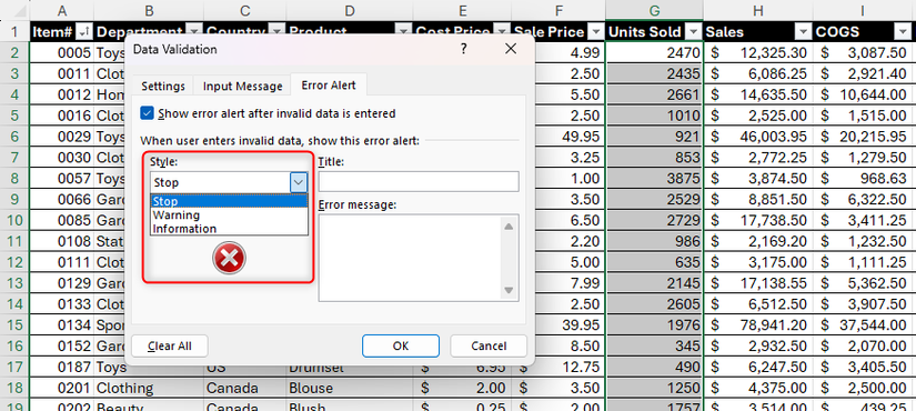 O menu suspenso de estilo de alerta de erro na caixa de diálogo Validação de dados do Excel é expandido para mostrar Parada, Aviso e Informações.