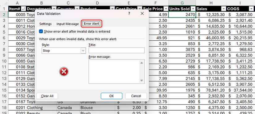 A guia Alerta de erro na caixa de diálogo Validação de dados do Excel.