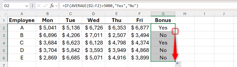The fill handle in the bottom-right corner of cell G2 in Excel is double-clicked to expand a formula to the remaining cells in the column.