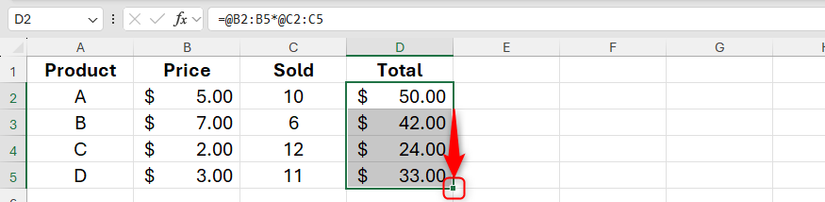 A alça de preenchimento é usada no Excel 365 para aplicar uma fórmula que emprega interseção implícita em várias células em uma coluna.