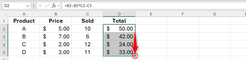 A alça de preenchimento é usada no Excel para aplicar uma fórmula que emprega interseção implícita em versões mais antigas do Excel de várias células em uma coluna.