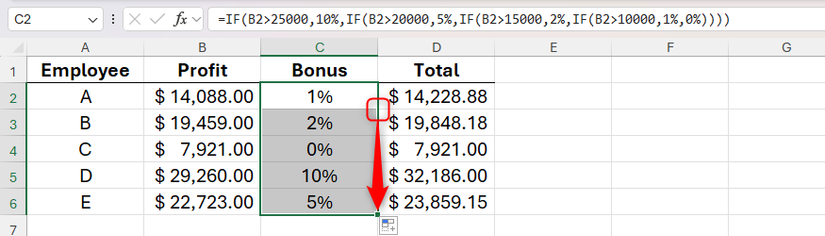 The fill handle of cell C2 in Excel is double-clicked to apply a formula containing nested IF functions to cells C3, 4, 5, and 6.