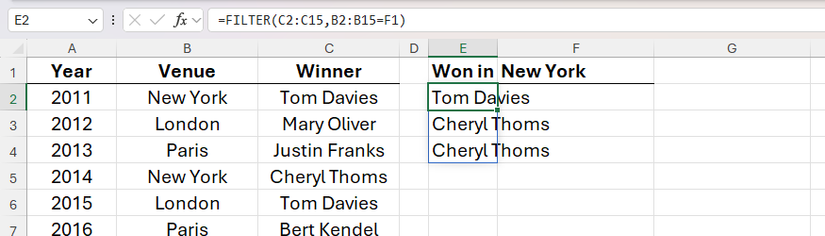 The FILTER function used in Excel to extract from the source data all individuals who have won a prize in New York.