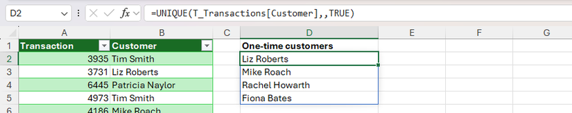 The final argument of the UNIQUE function in an Excel spreadsheet is TRUE, meaning only values that appear once are returned in the result.