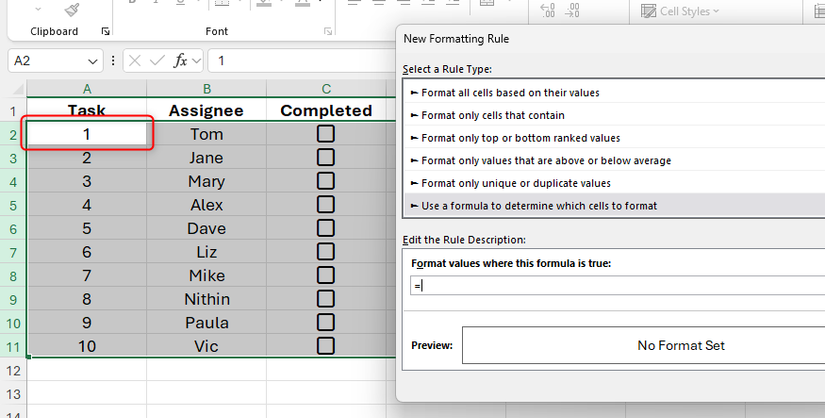 The first cell in a selected range in Excel is white, indicating that a conditional formatting rule that uses a formula will apply to this cell.