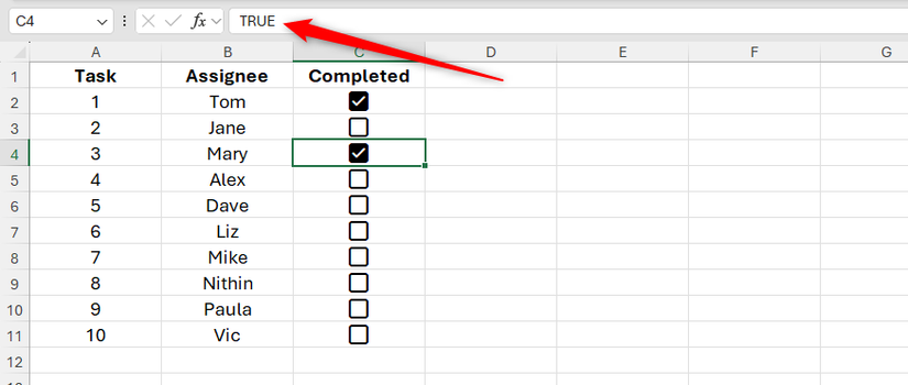 The formula bar in Excel reads 'TRUE' because the selected cell contains a checked checkbox.