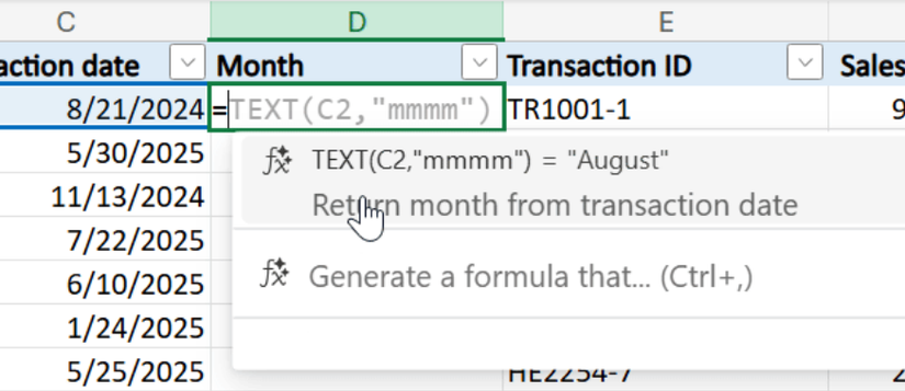 A ferramenta de preenchimento de fórmulas no Excel para a Web que sugere uma fórmula que extrai um mês de uma data.
