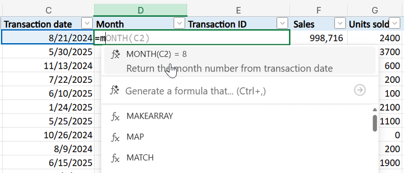 A ferramenta de preenchimento de fórmulas no Excel para a web sugere o uso da função MÊS após o sinal de igual e a letra M ser digitada.