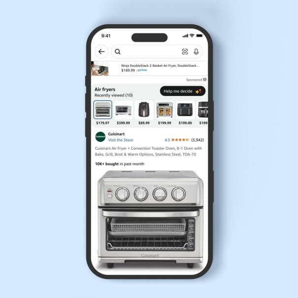 The help me decide button on Amazon being shown above a list of air fryers