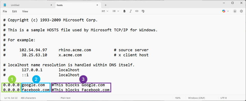 The square with the number 1 indicates where the IP goes. A square with the number 2 indicating where the web address is located. The square with the number 3 indicates where the optional comment is located. 