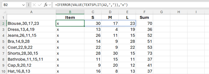 The IFERROR function used to return an 'x' where the VALUE function runs into text.