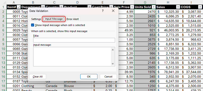 A guia Mensagem de entrada na caixa de diálogo Validação de dados do Excel.
