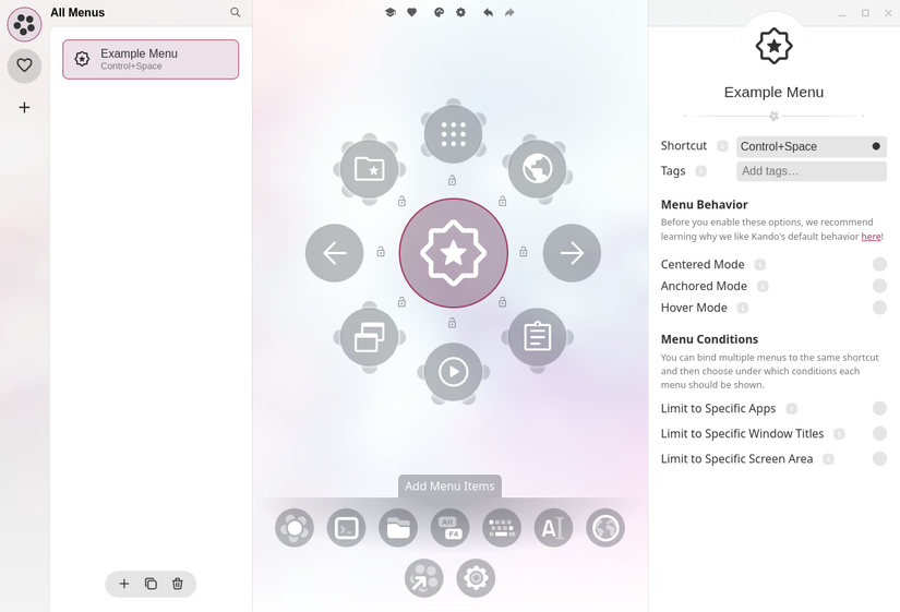 O editor de menu Kando com várias opções visíveis.