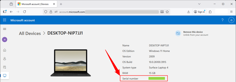 O número de série do laptop exibido no site da Microsoft.