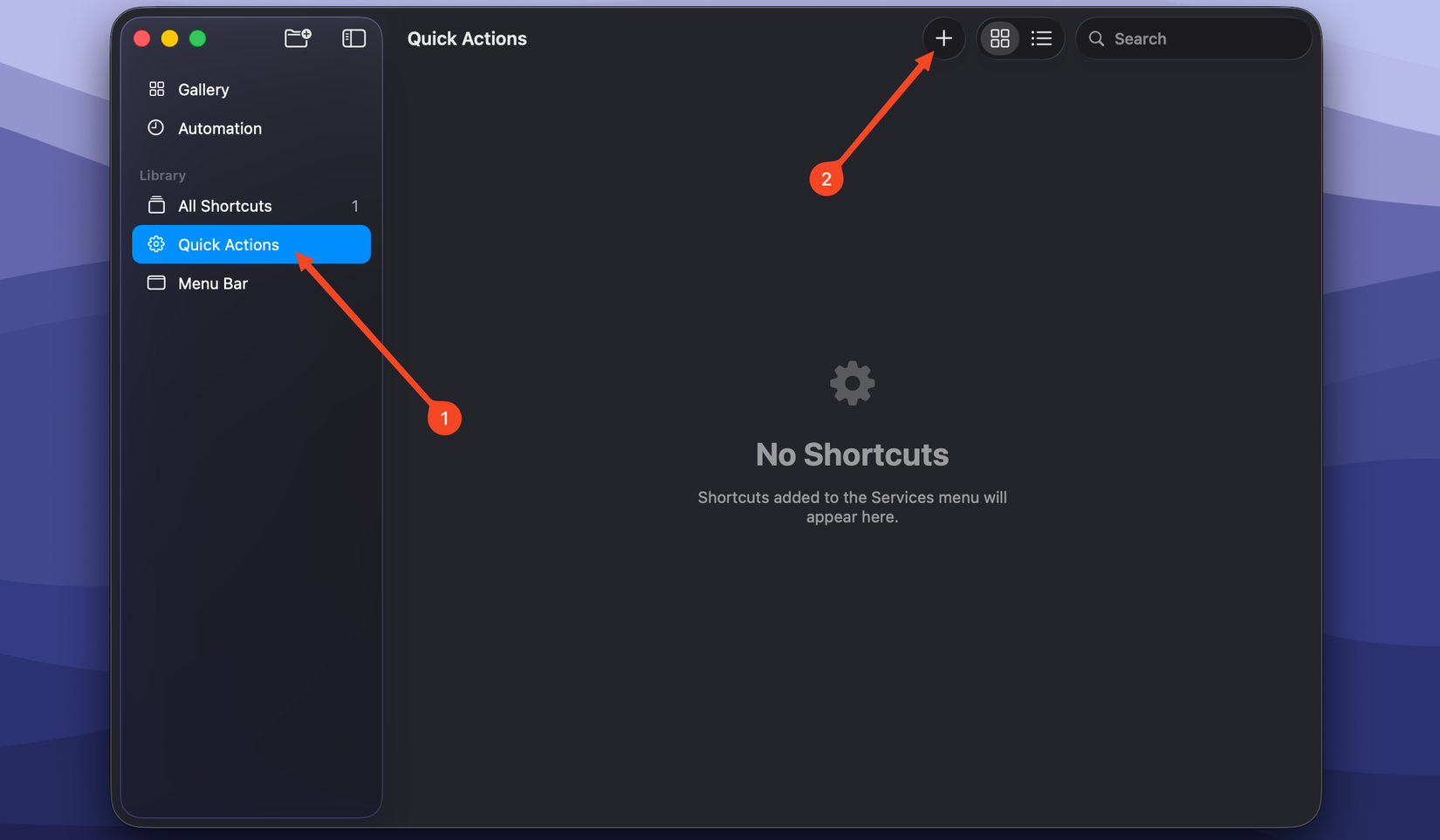 The main screen in Shortcuts