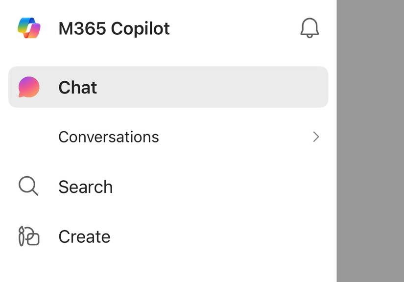 O menu do aplicativo Microsoft 365 Copilot para iOS mostra as opções ‘Bate-papo’, ‘Pesquisar’ e ‘Criar’.