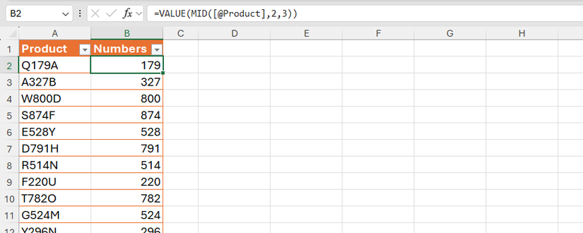 The MID and VALUE functions used in Excel to extract three numbers from a code and convert them into numeric values.