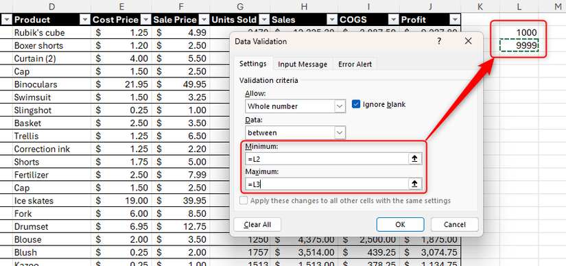 Os campos Mínimo e Máximo na opção Número inteiro da caixa de diálogo Validação de dados no Excel fazem referência às células L2 e L3, respectivamente.