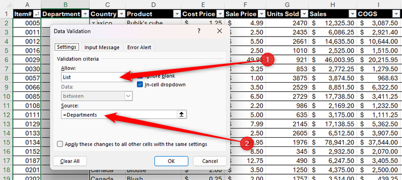 O intervalo nomeado 'Departamentos' é especificado como a origem de uma lista na caixa de diálogo Validação de dados do Excel.