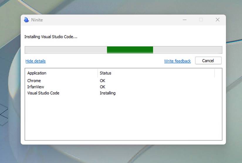O instalador Ninite instalando o Chrome IrfanView e o Visual Studio Code.