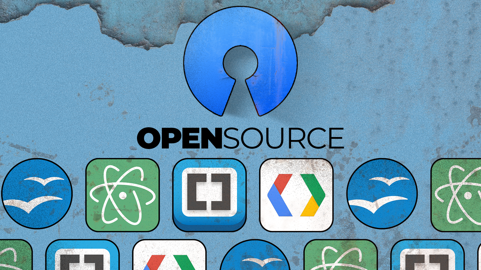 The Open Source logo above faded icons of discontinued open-source apps, including Atom, Brackets, Google Code, and OpenOffice, set against a worn blue textured background.