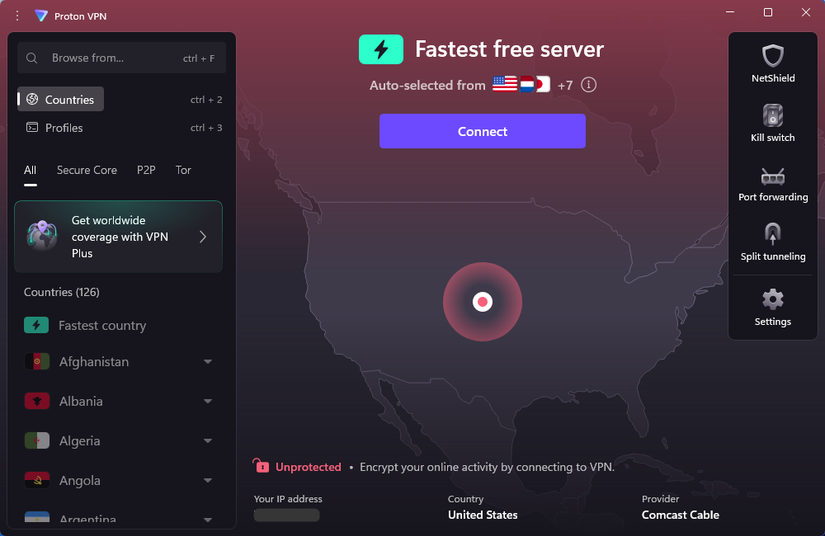 O Proton VPN abre na página inicial. 