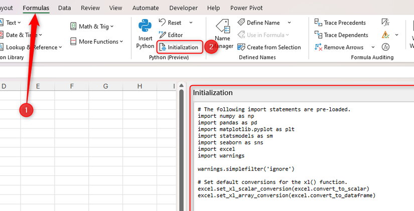 O painel Inicialização do Python no Microsoft Excel, acessado por meio do botão Inicialização no grupo Python da guia Fórmulas.