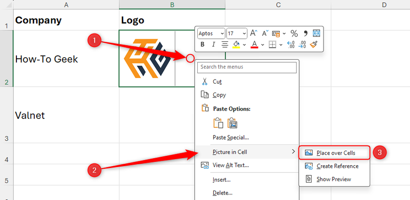 The right-click menu of a cell containing an in-cell picture in Excel is expanded, and Place Over Cells is selected from the Picture In Cell options.