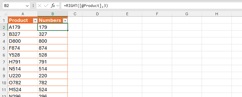 The RIGHT function in Excel used to extract the three numbers from product codes.