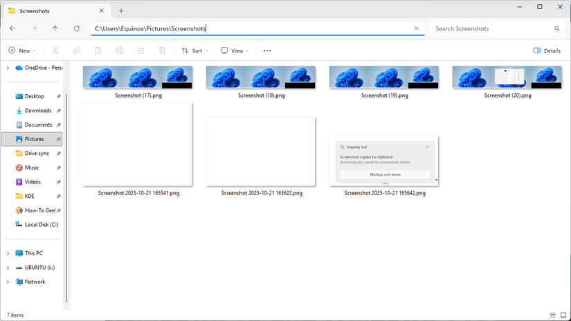 A pasta Capturas de tela no Windows 11 mostrando as capturas de tela numeradas criadas pressionando Windows+Print Screen.