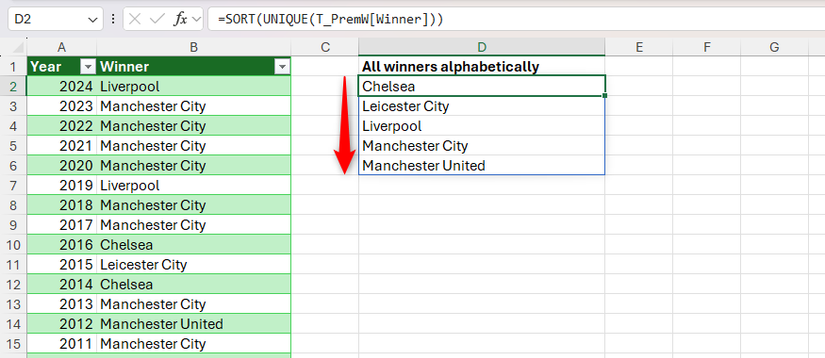 The SORT and UNIQUE functions used together in Excel to extract a sorted list of unique values from a table column.