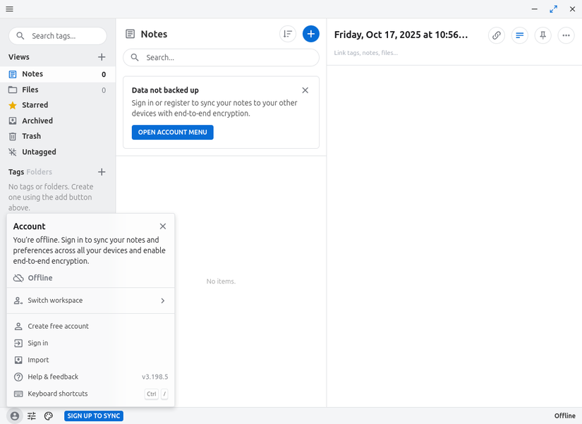 O aplicativo de desktop Standard Notes para Linux.