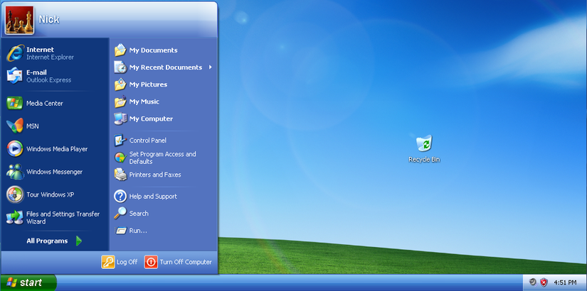 Windows XP のスタート メニュー。