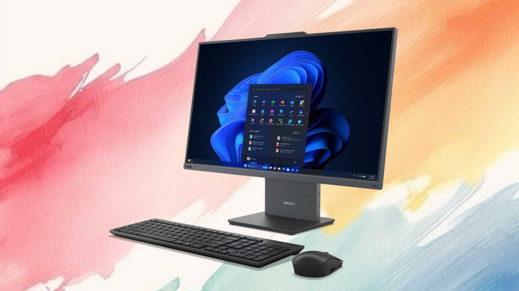 Lenovo ThinkCentre neo 55a с мышью и клавиатурой на фоне.