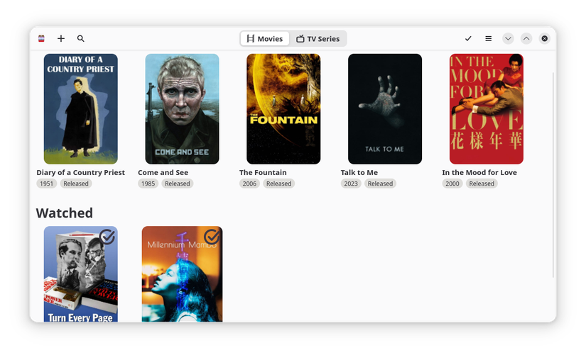 The Ticket Booth app for Linux, with several movies in a watch list.