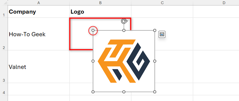 The top-left corner of an over-cell image in Excel is placed over cell B2.