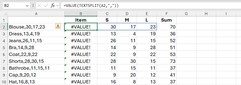 The VALUE and TEXTSPLIT functions in Excel successfully extract numerical values but return an error for textual values.
