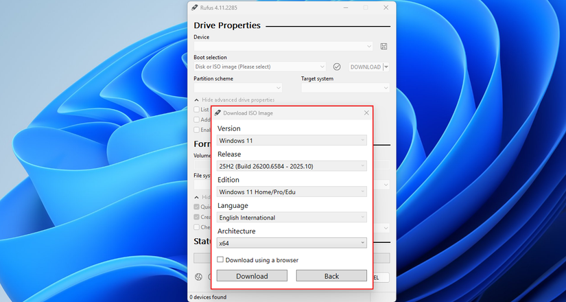 The Windows 11 download options included in Rufus.