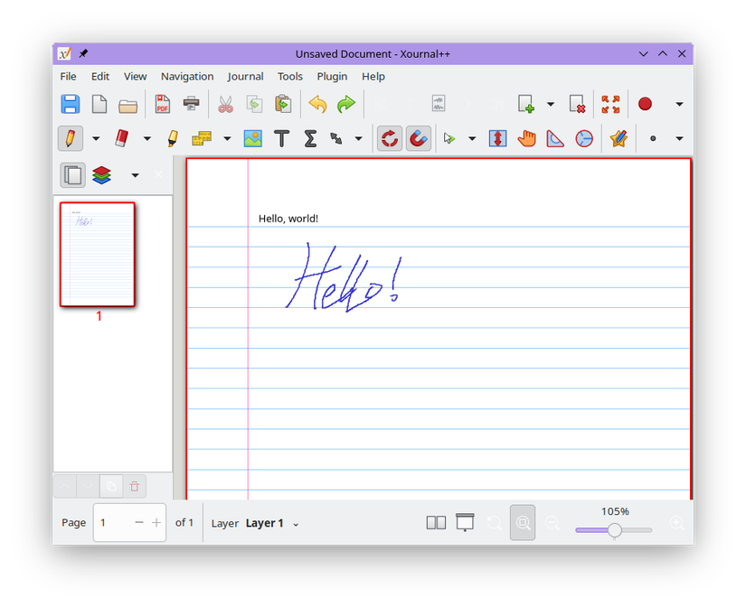 O aplicativo Xournalpp com as mensagens Hello escritas na página.