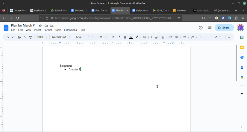 Uma captura de tela do Google Docs mostrando um documento quase vazio com texto e um marcador.